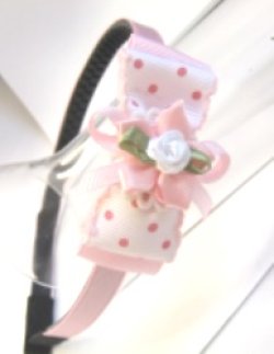 画像1: ヘアアクセサリー　ピンク水玉とピンクのリボンに巻きバラとお花のカチューシャ