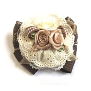 画像: ヘアアクセサリー　茶色とお花柄のリボンに巻きバラのバレッタ（1個）
